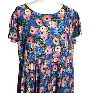 UMGEE XL‎ Blue Pink Floral Metallic Flutter Sleeve Pleated Midi Babydoll Dress